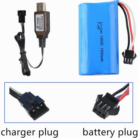 Li-ion 7.4V 18650/1500mAh Rechargeable Battery with SM-3P Plug and USB Charger Cable (Punisher)